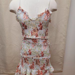 Zara White Floral Smocked Mini Dress with Pink-Red Roses
